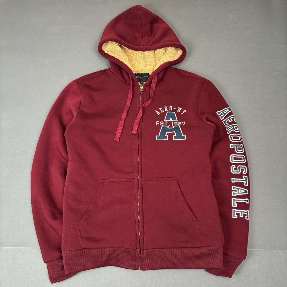 Y2K Aeropostale Fur Lined Burgundy Full Zip Sleeve Spellout Hoodie Men's Large